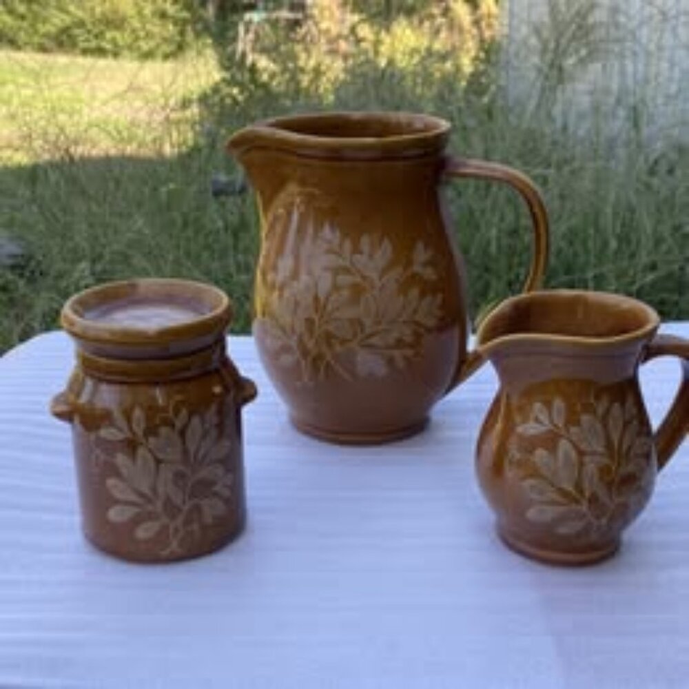 Vintage Hyalyn USA Pottery Picture, Creamer and Sugar Crock Set